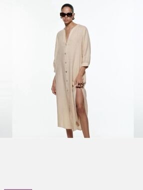 Zara Beige Button-Front Midi Shirt Dress